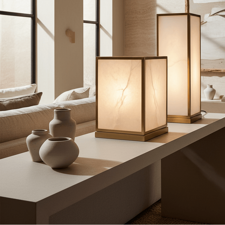 Modern living room with table lamps, vases, and a painting.