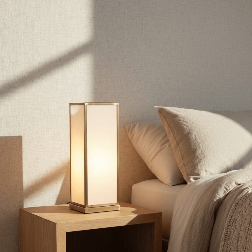 Alabaster stone table lamp on a wooden nightstand next to a bed with pillows and blankets.