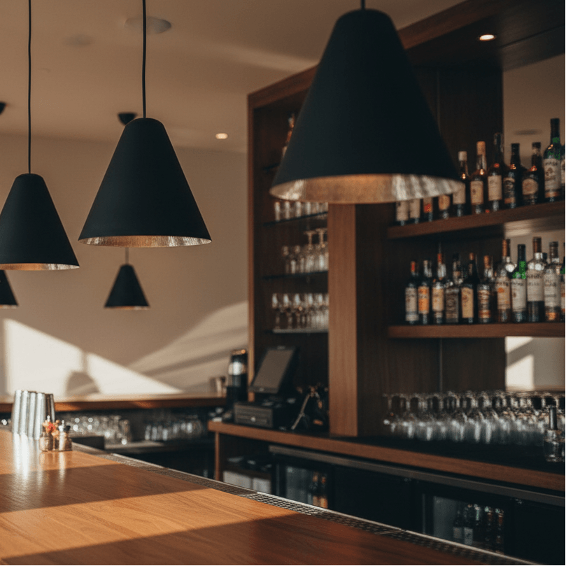 Bar counter with black and silver pendants in a dimly lit bar setting