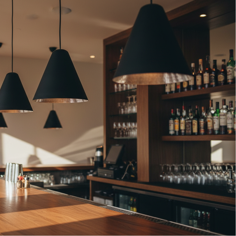 Bar counter with black and silver pendants in a dimly lit bar setting