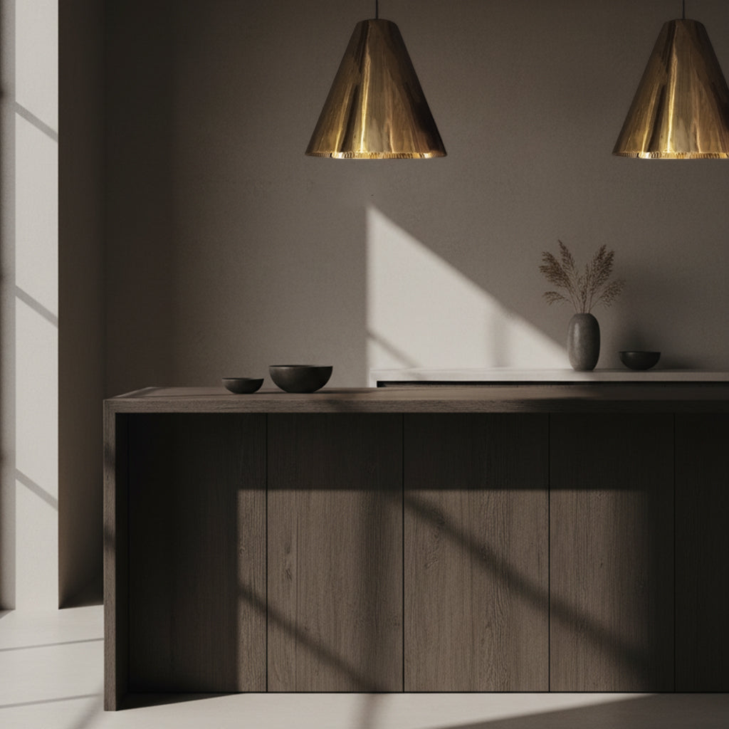 Modern interior with polished brass pendant lights
