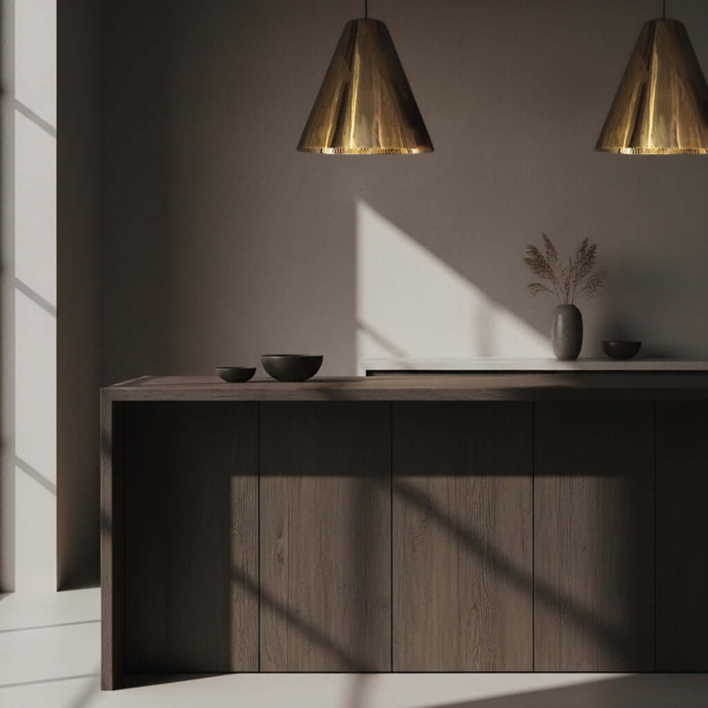 Modern interior with polished brass pendant lights