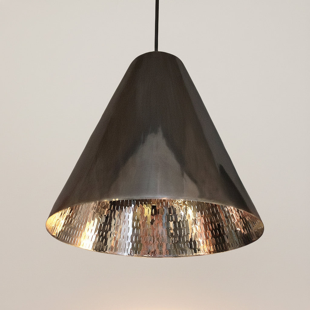 Conical pendant light with metallic finish on a white background