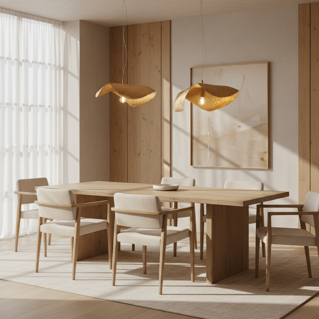 Modern dining room with wooden table and chairs, gold pendant lights, and abstract art on the wall.