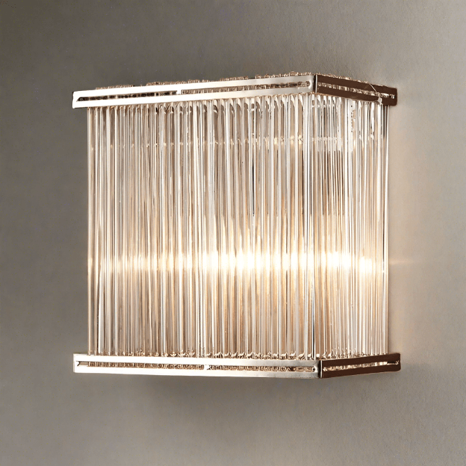 A rectangular wall light with clear glass rods and an electroplated nickel frame.