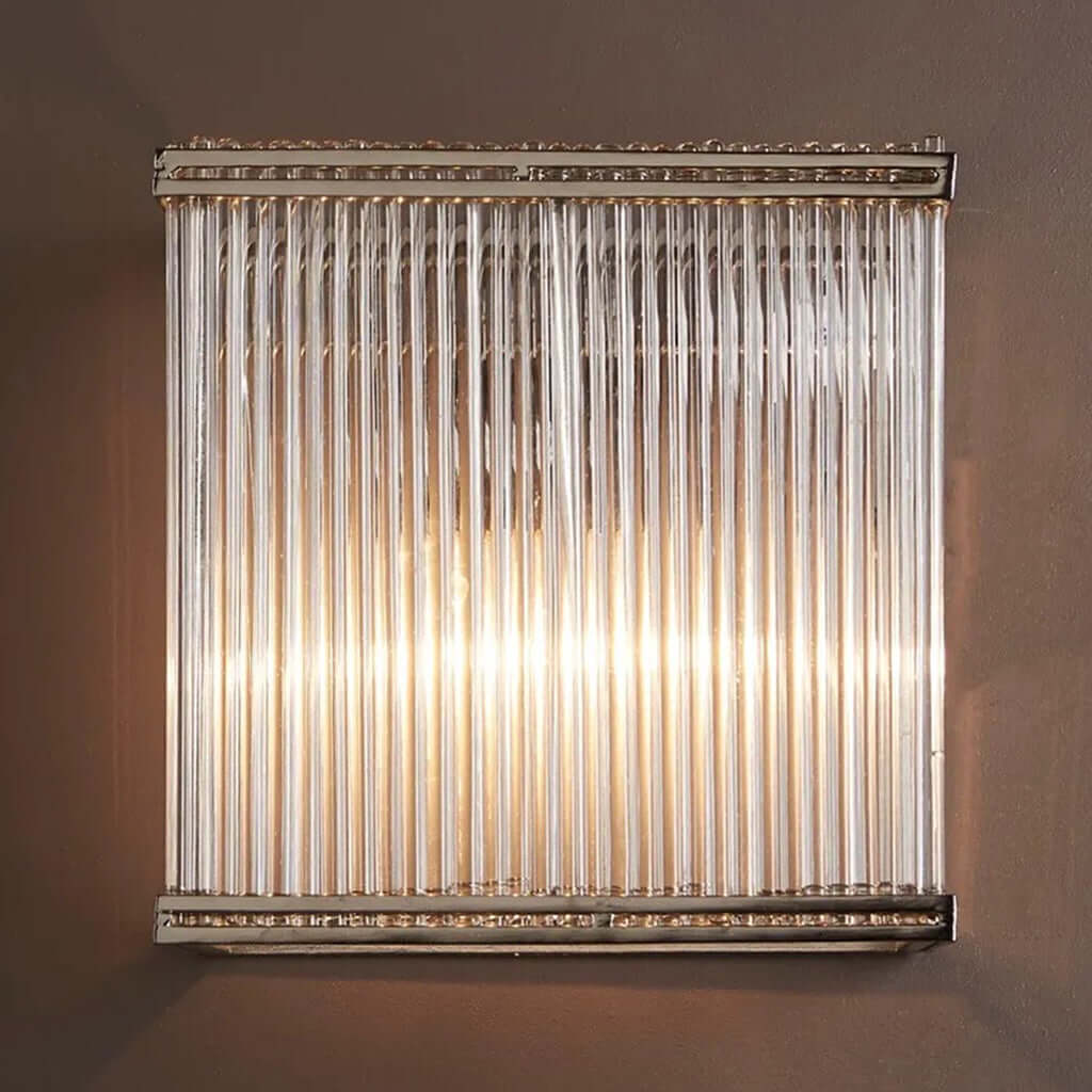 Brushed nickel rectangular wall light with clear glass rods