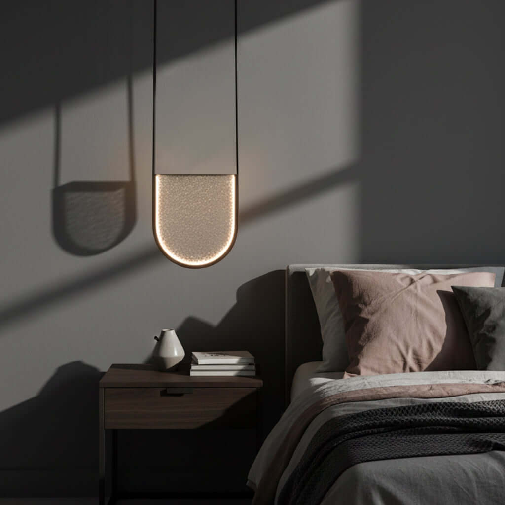 Modern pendant light fixture on a dark gray background