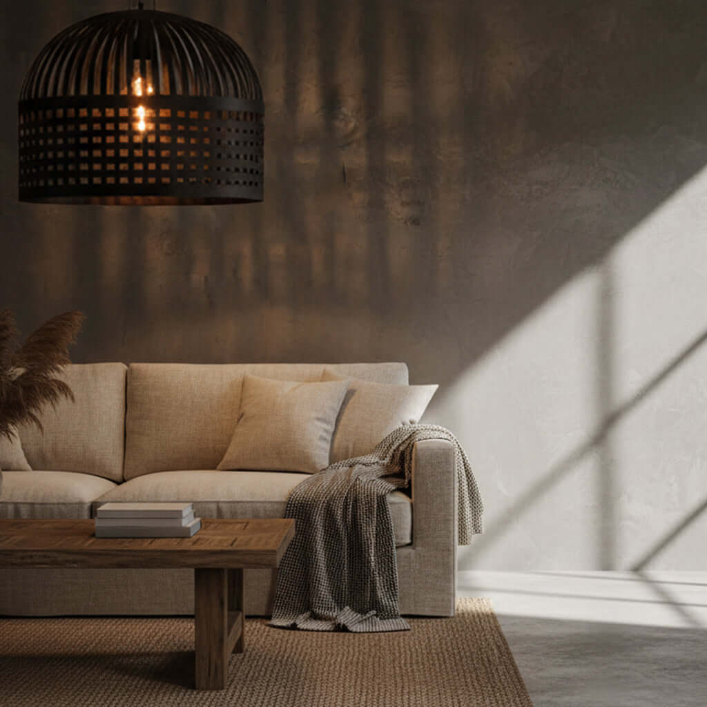 Cozy living room with beige sofa, wooden coffee table, and pendant light.