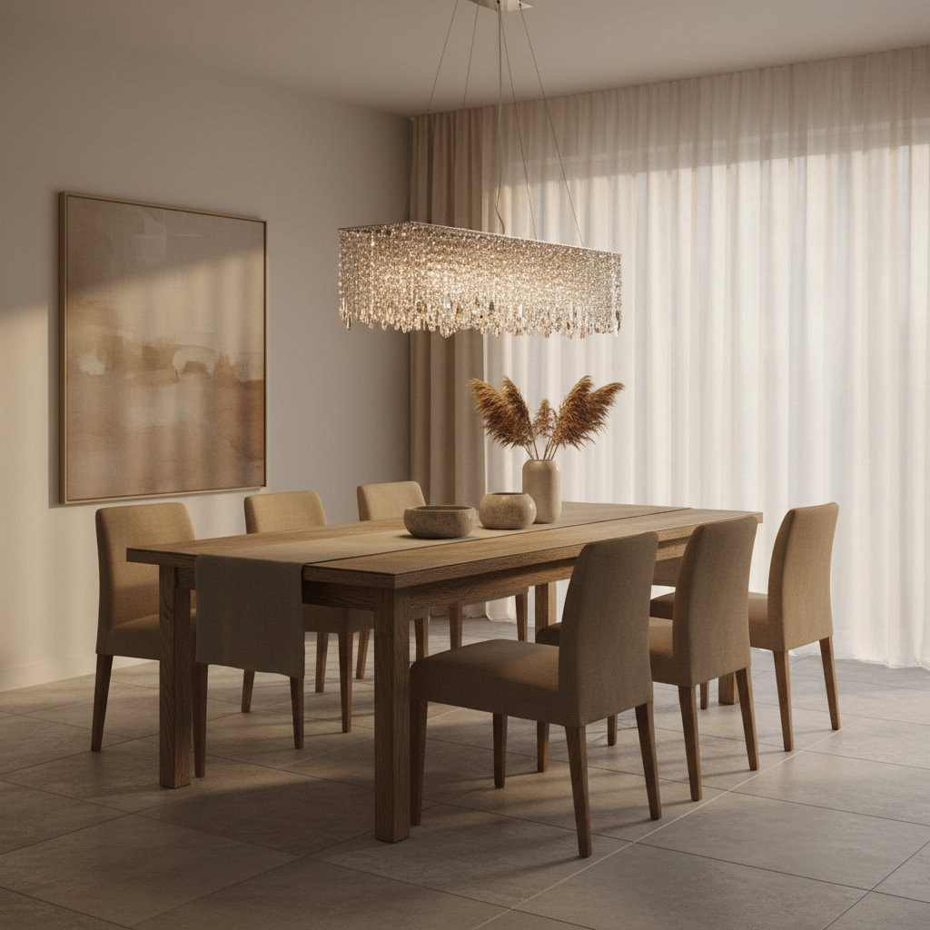 Crystal linear chandelier over dining table