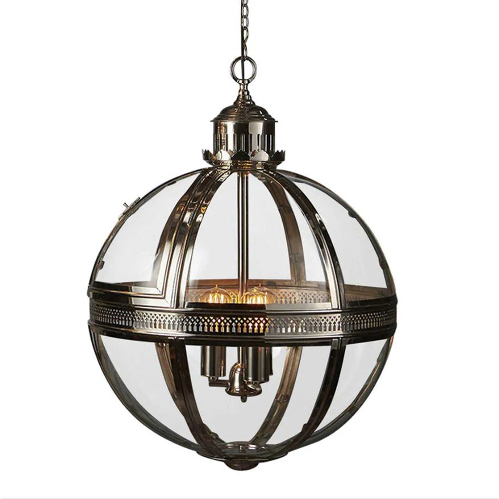 A spherical pendant chandelier with a silver metal frame and clear glass panels, suspended from a matching chain against a plain white background.
