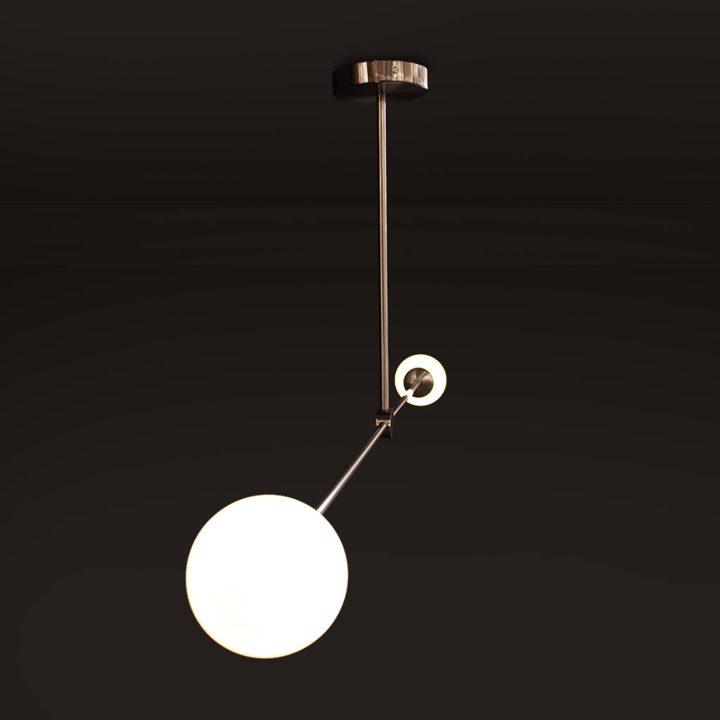 Modern pendant light fixture with a spherical white shade and a slim metallic stem, shown against a dark background.