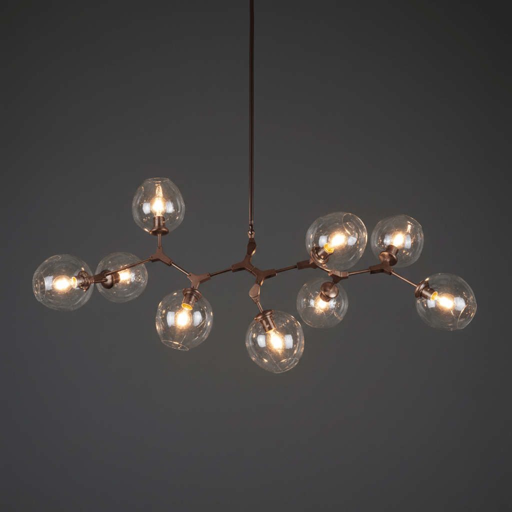 Modern chandelier with multiple glass bulbs on a dark background