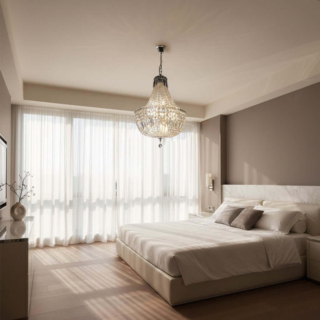 Modern bedroom with a chandelier, bed, and large window.