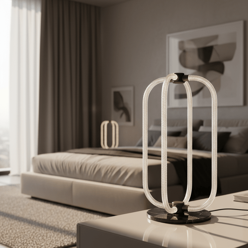 Modern LED table lamp with coiled design on a dark background