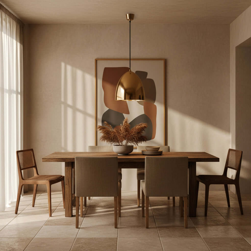 Dining room with wooden table and chairs, abstract art on the wall, and brass pendant light.