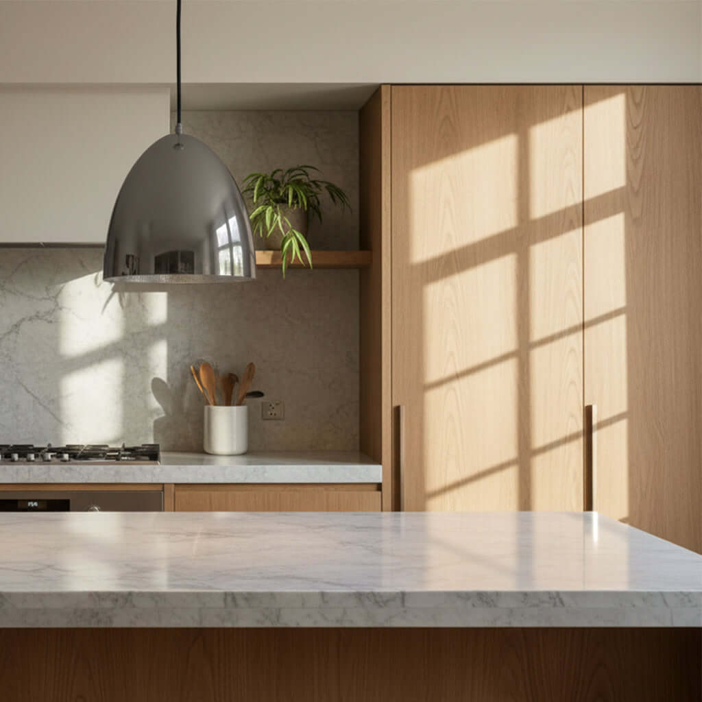 Modern kitchen with marble countertop, wooden cabinets, and silver nickel pendant light.
