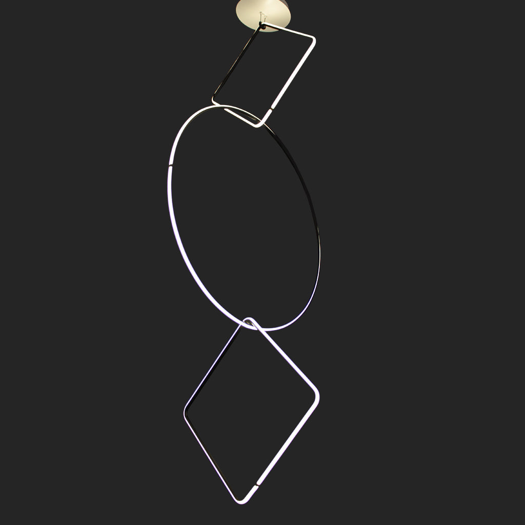 A modern geometric linear LED pendant light with a circular ring and diamond-shaped wire frames, suspended from a round ceiling mount against a dark background.