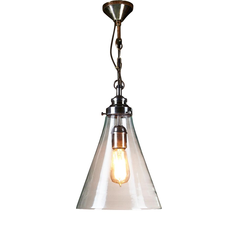 Silver and glass industrial pendant light
with white background