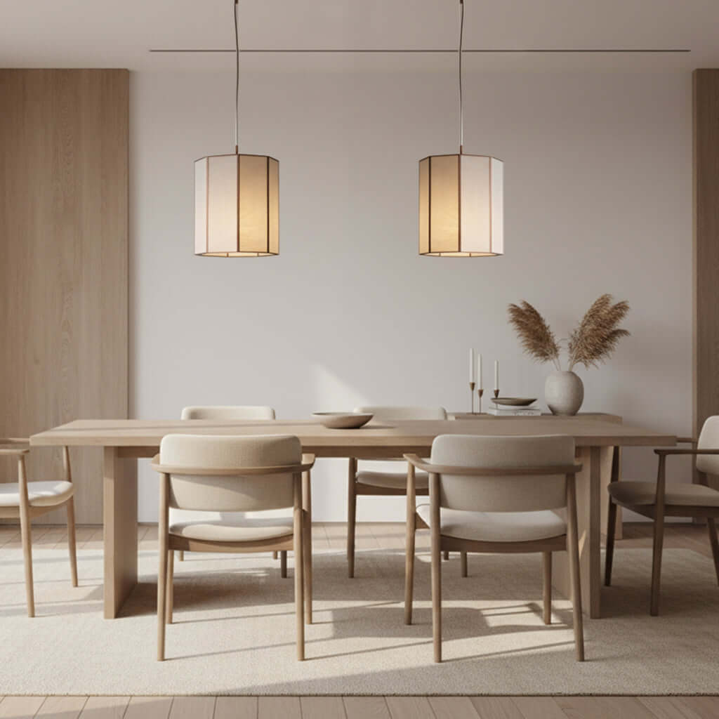 Dining room with wooden table and chairs, illuminated by pendant lights.