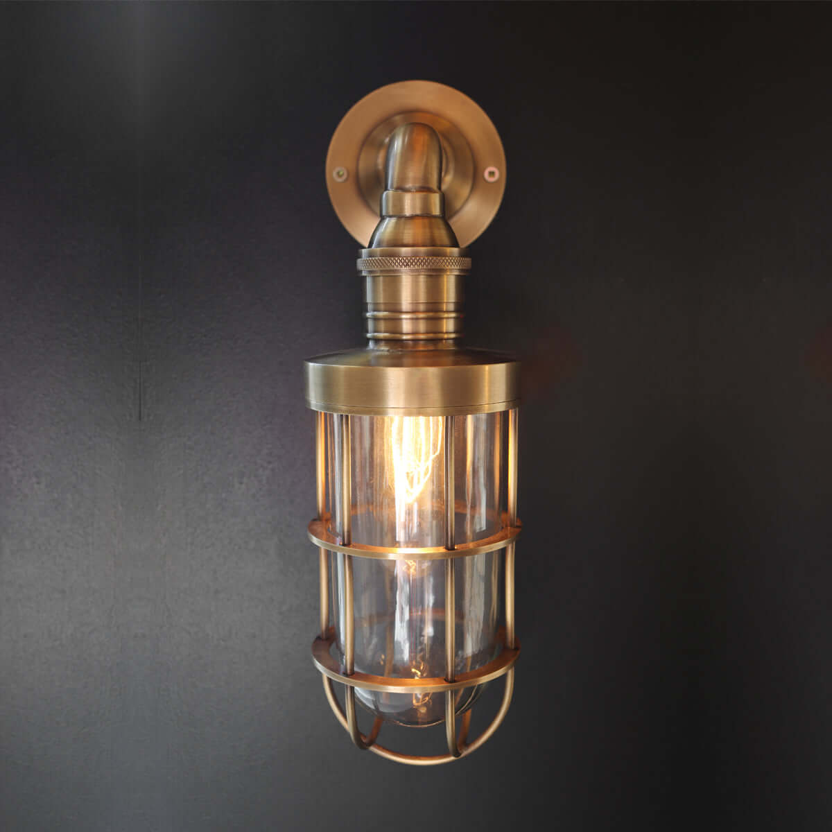Industrial-style wall sconce with a brass-finished metal mount, cage guard, and visible warm white bulb inside a dark wall background.