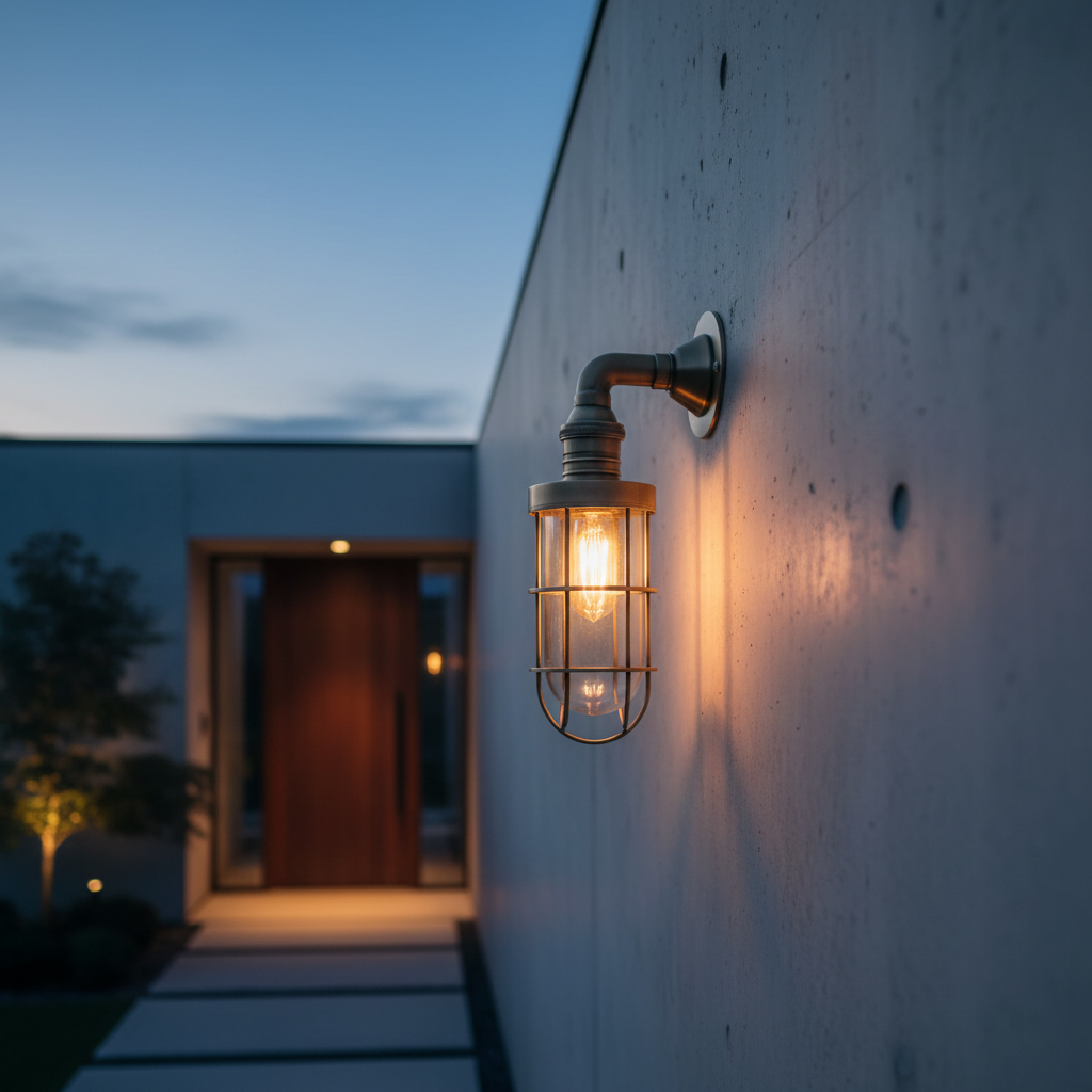 Industrial style wall sconce with brass and glass on concrete wall outside home