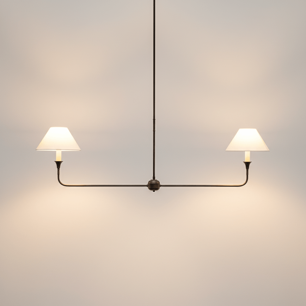Modern pendant light with two lamps on a plain background