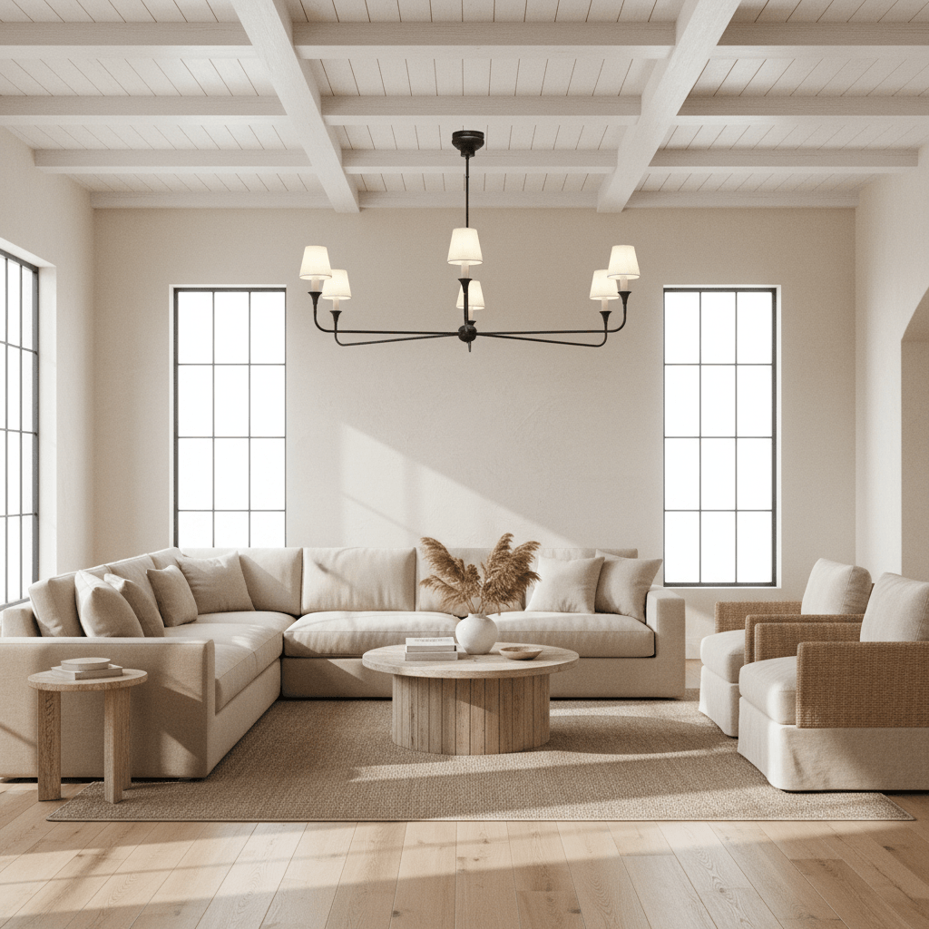Modern living room with beige sectional sofa, wooden coffee table, and chandelier.