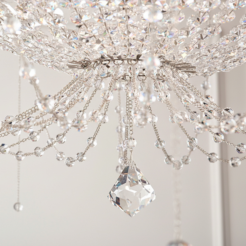 Close-up of a crystal chandelier with a white background
