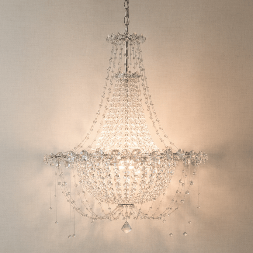 Crystal chandelier hanging against a plain wall