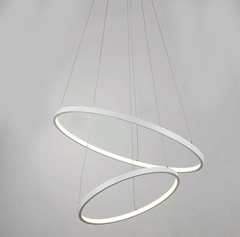 Modern pendant light with two concentric circular rings on a gray background