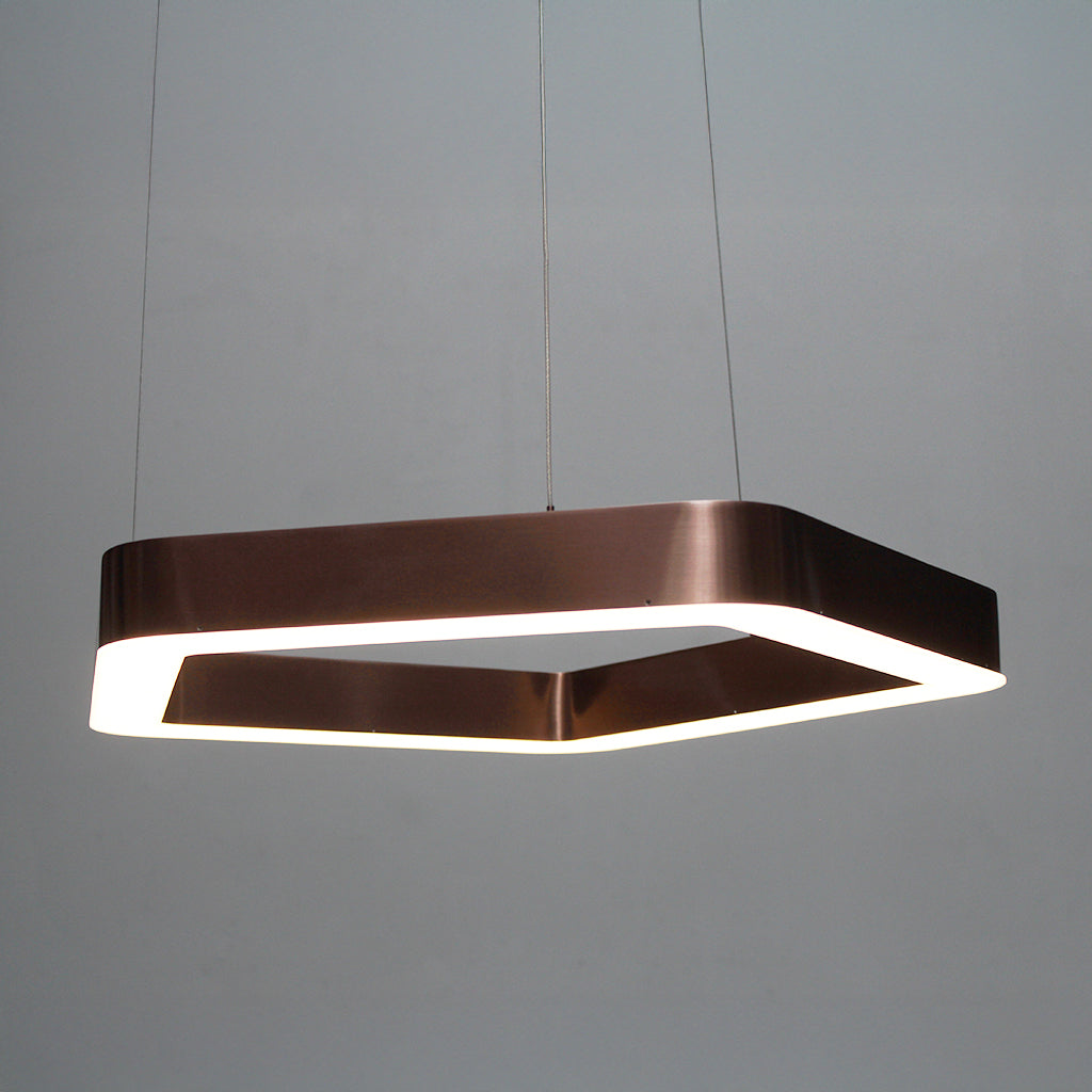 Modern pendant light with a hexagonal design on a gray background