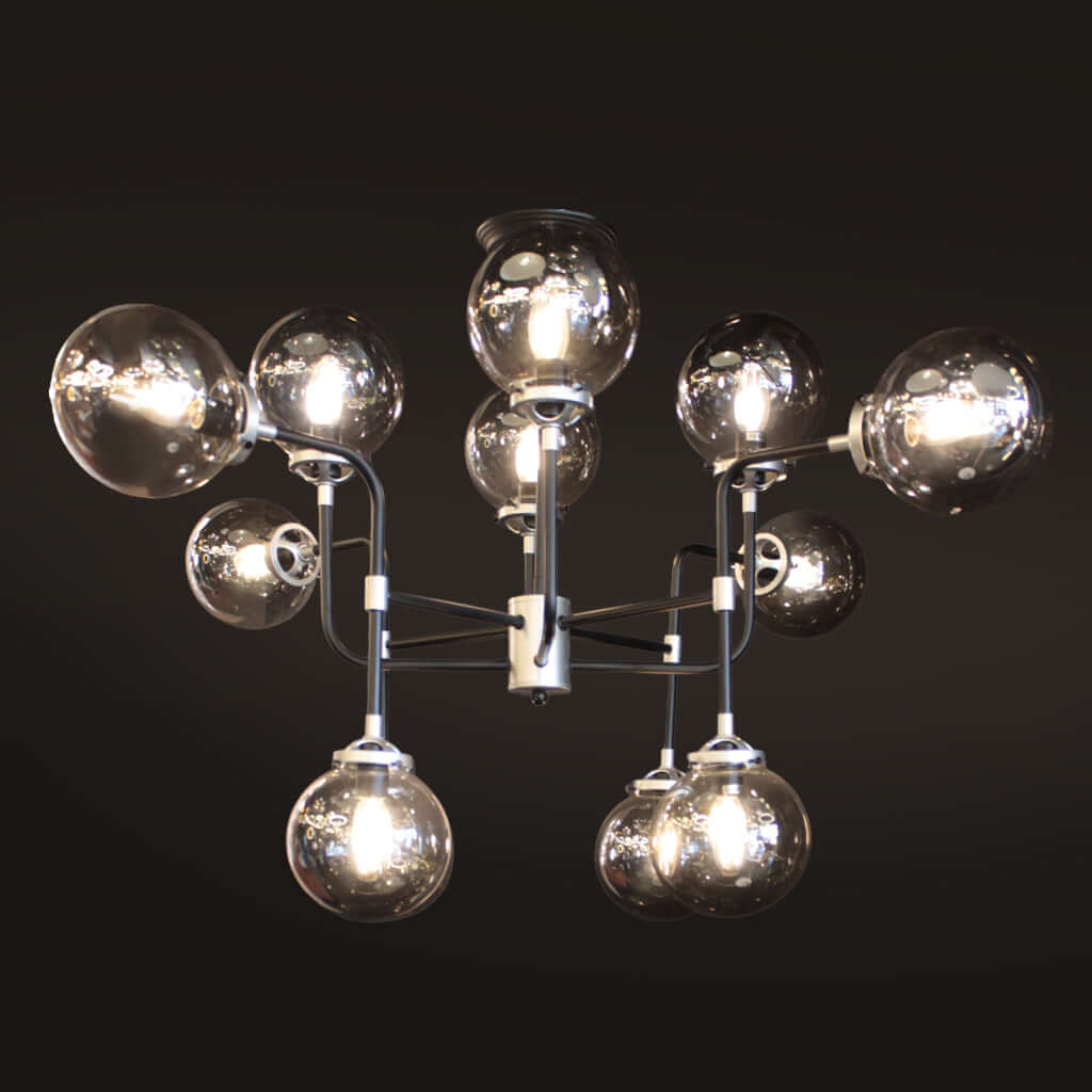 Modern chandelier with black and silver frame with smoke grey glass