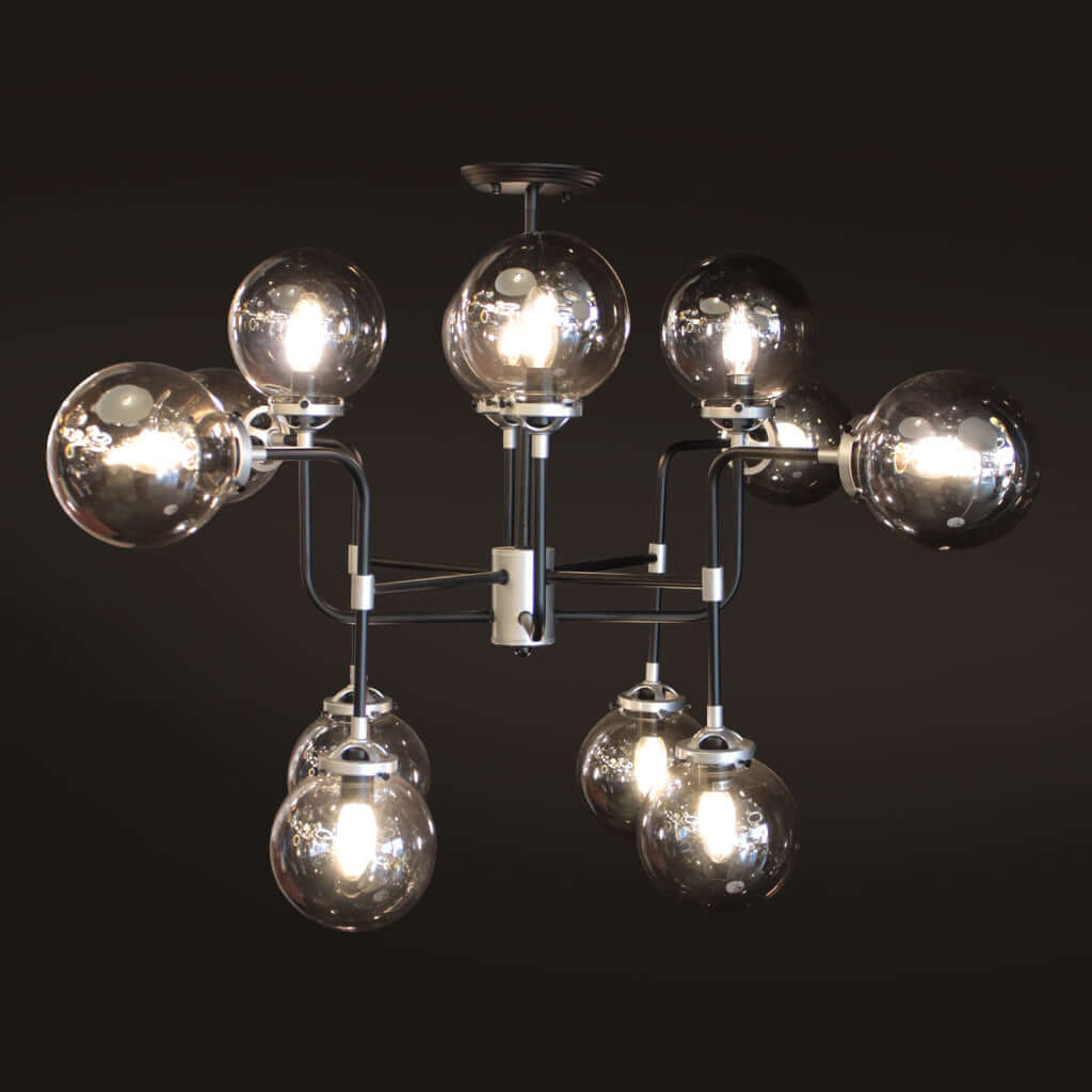 Modern chandelier with black and silver frame with smoke grey glass