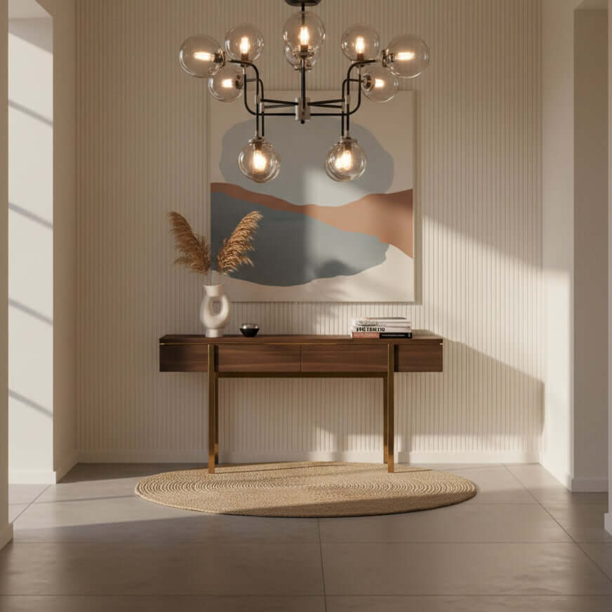 Modern chandelier with black and silver frame with smoke grey glass