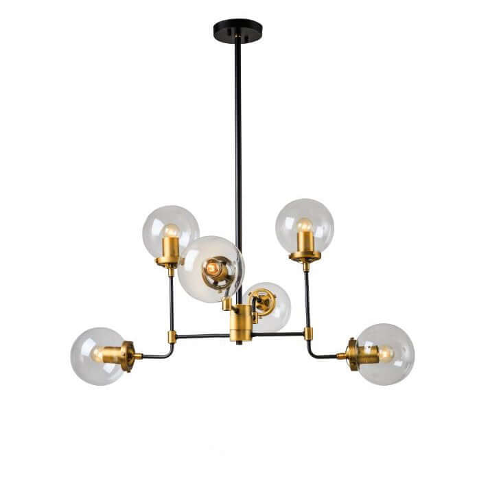 A contemporary chandelier with a matte black frame, brass accents, and clear glass globe lights, providing ambient lighting.