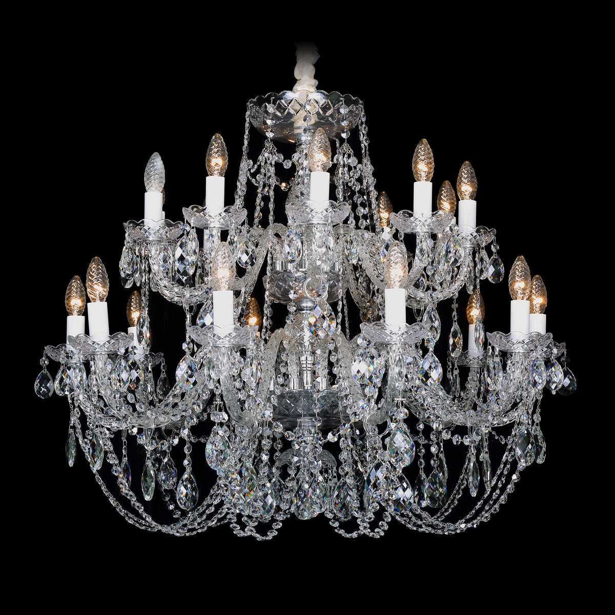 Crystal chandelier with multiple lights on a black background