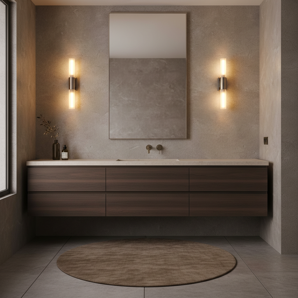 A modern bathroom vanity setup with a floating dark wood double-sink console, a light stone countertop, a large rectangular mirror, two warm wall sconces, and a round rug on a tiled floor.
