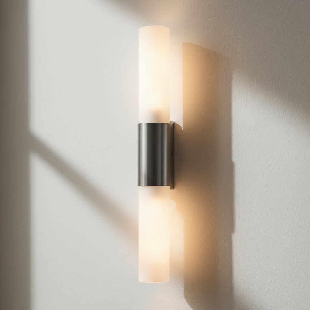 Modern wall-mounted light fixture casting a soft glow on a neutral wall.