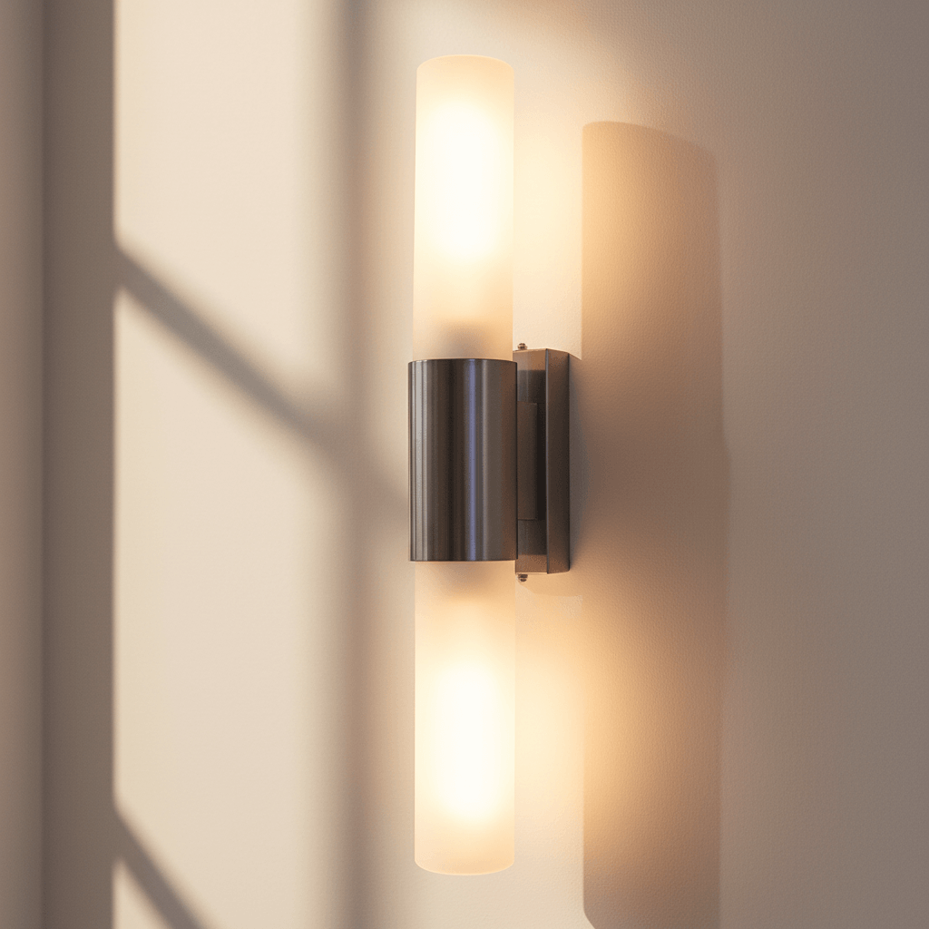 Modern wall-mounted light fixture casting a soft glow on a neutral wall.