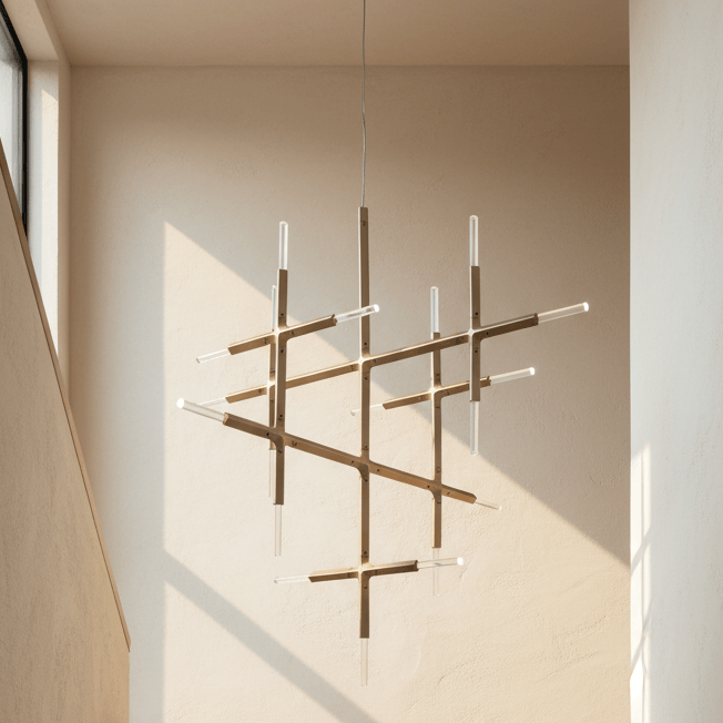 Contemporary multi-arm matte gold chandelier with crystal rods
