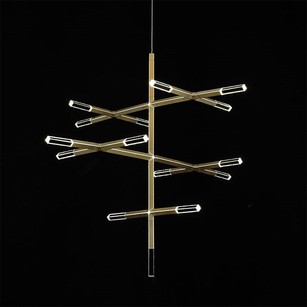 Modern pendant light fixture with geometric design on a black background