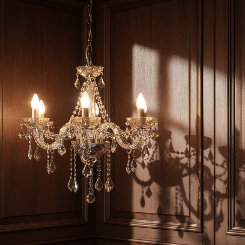 Crystal chandelier with multiple lights in a room with white walls.