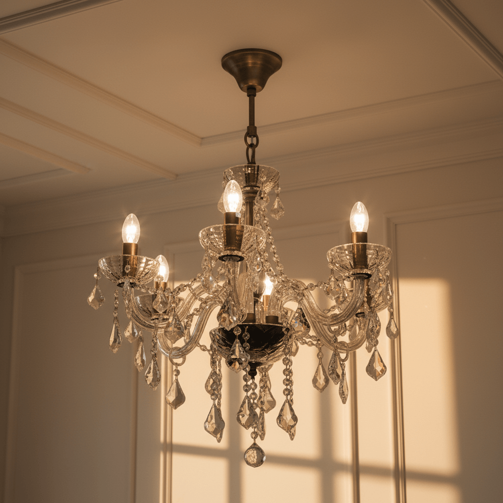 Crystal chandelier with multiple lights in a room with white walls.