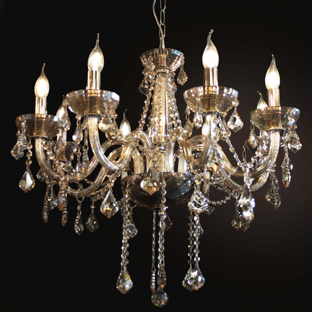 A multi-arm crystal chandelier with a polished silver-toned metal frame, champagne glass arms, and hanging teardrop crystal pendants, shown against a solid black background with illuminated bulbs.