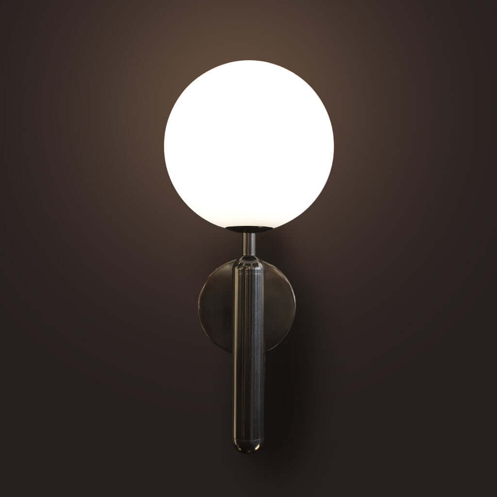 Modern wall lamp with a round white shade and black metallic base on a dark background