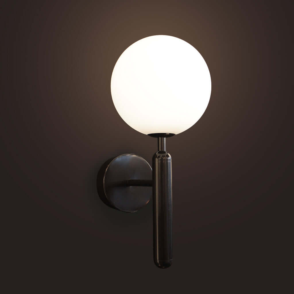 Modern wall lamp with a round white shade and black metallic base on a dark background