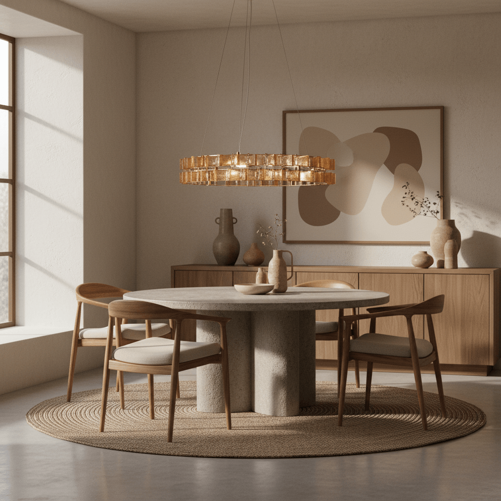 Amber handmade glass round chandelier over stone dining table