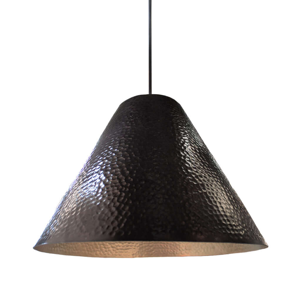 Black textured pendant light on a white background