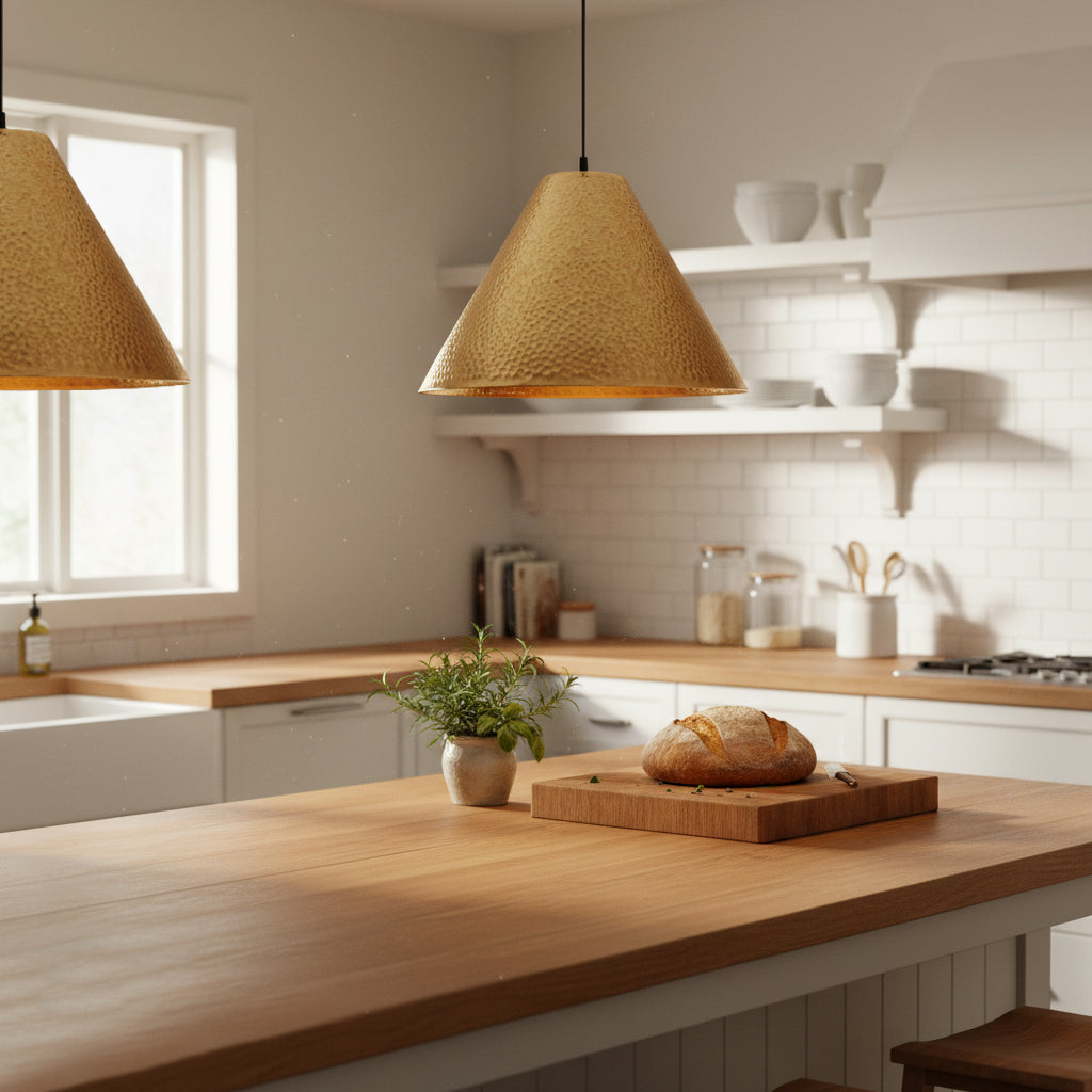 Modern kitchen with wooden countertops, pendant lights, and a loaf of bread on a cutting board.