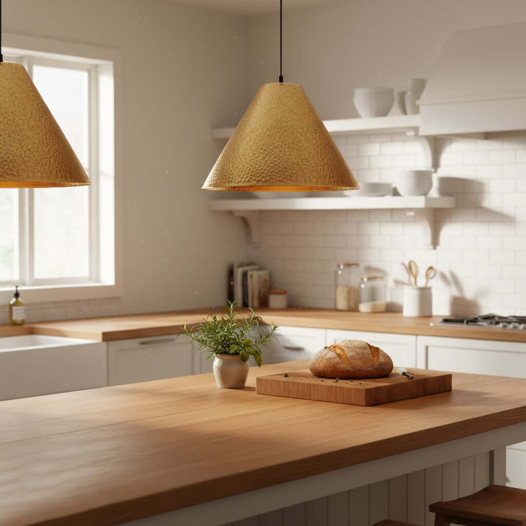 Modern kitchen with wooden countertops, pendant lights, and a loaf of bread on a cutting board.